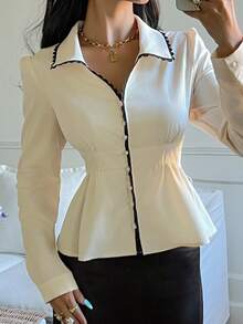 Serisse Elegant Black And White Contrast Trim Puff Sleeve Fitted Shirt For Women,Autumn Waist-Cinching Peplum Hem Blouse,Business Casual Tea Party Office Tops - Apricot - View 6