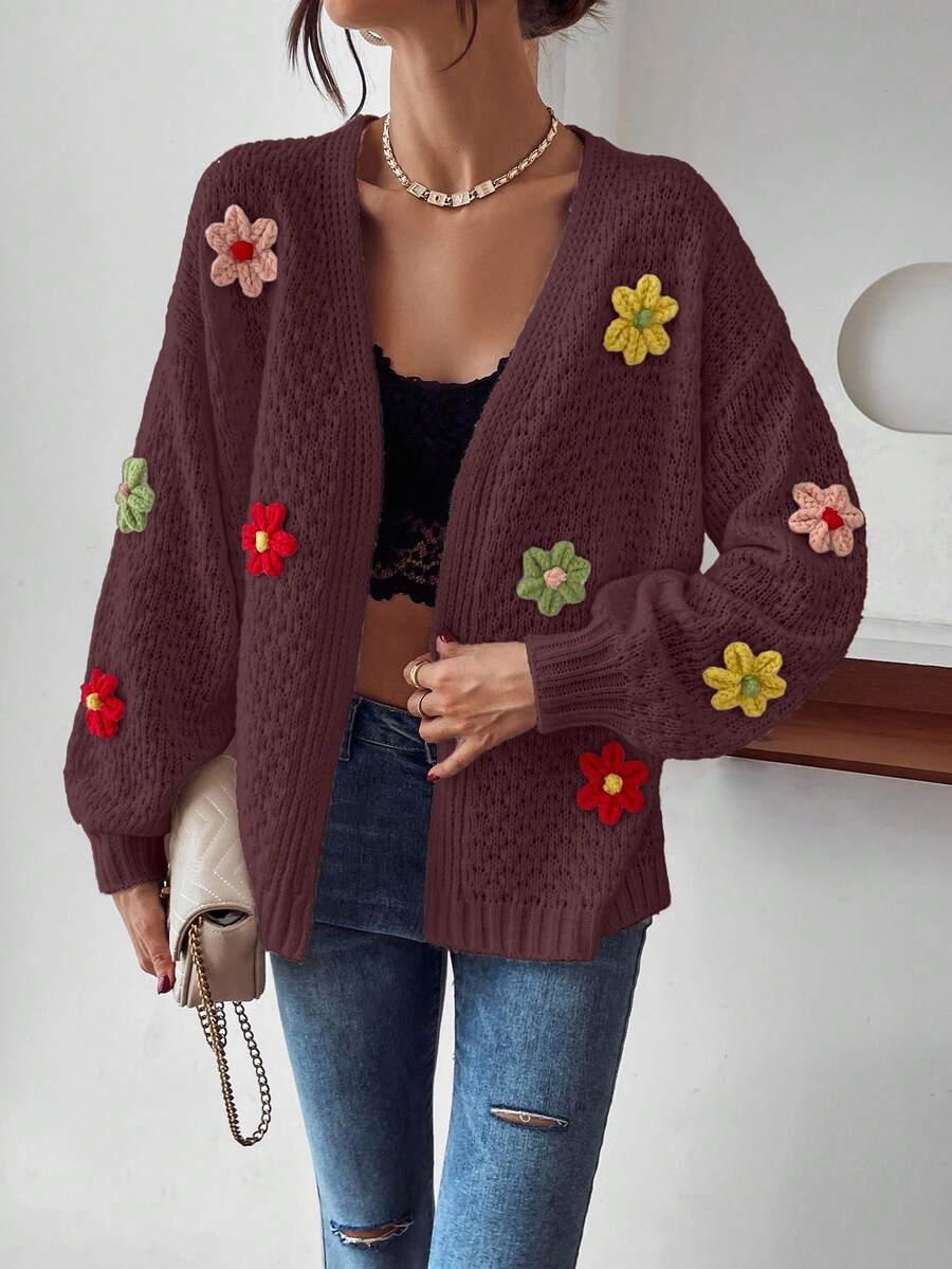 SHEIN LUNE 休闲3D花卉装饰落肩开衫,秋冬 - 酒紅色 - 查看 1
