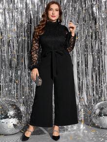 Gownix Plus Size Women's Elegant Party Lace Lantern Sleeve Tie-Waist Wide Leg Jumpsuit Plus Size Jumpsuits Elegant Black Lace Jumpsuit Long Sleeve Jumpsuits For Woman Plus Size Pants Suit Mesh Jumpsuit