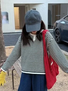 DAZY Girls Striped Crew Neck Pullover Sweater, Fall - Black and White - View 5