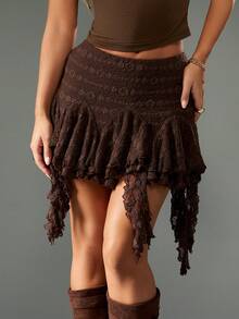 MISSGUIDED Váy mini ren bất đối xứng cạp cao viền bèo nhún nhiều lớp phong cách Gothic thời Victoria dự tiệc tiệc tùng Boho thời trang thu đông - Cà phê nâu - Xem 1