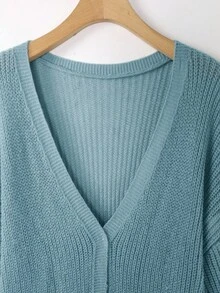 Calvaya Plus Size Women Loose Casual Drop Shoulder Lantern Sleeve Knitted Cardigan, Black Jacquard Pattern, Mid-Length, Versatile Daily Wear - Dusty Blue - View 4