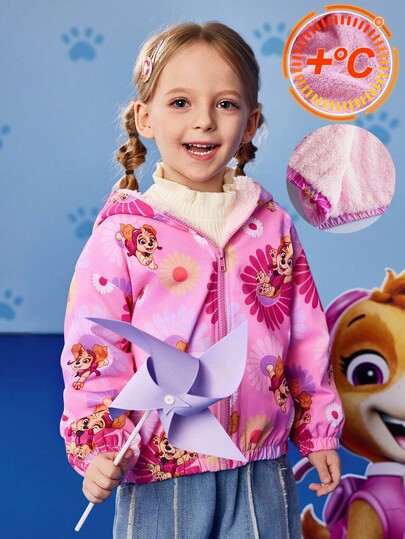 SHEIN | PAW Patrol Young Girl Cute Cartoon Floral & Pink Puppy Allover Print Loose Fit Drop Shoulder Zip-Up Fleece Jacket, Autumn/Winter Fall Girls Autumn Clothes Girls Cartoon Jackets