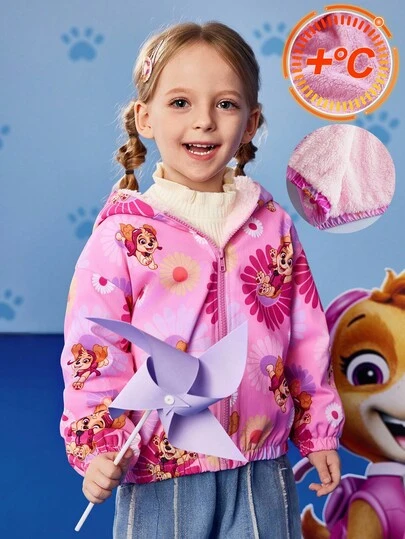 SHEIN | PAW Patrol Chaqueta de forro polar de ajuste holgado con cremallera, estampado de flores y cachorros rosas de estilo lindo y de dibujos animados para niña, para otoño/invierno