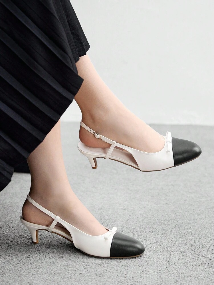 CUCCOO BIZCHIC Women's Black & White Thin Heel Elegant New Bow Patchwork Backless Lightweight Daily Wear High Heel Pumps