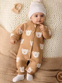 Cozy Pixies Newborn Baby Girl/Boy Cartoon Bear Head Pattern Crew Neck Long Sleeve Romper With Pants, Comfortable All-In-One Bodysuit Autumn Winter Clothes For Women
