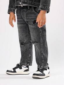 SUMWON 棉质儿童破洞宽松牛仔裤，带破洞细节，灰色牛仔工装裤，常规版型，休闲街头风格，冬季时尚裤装