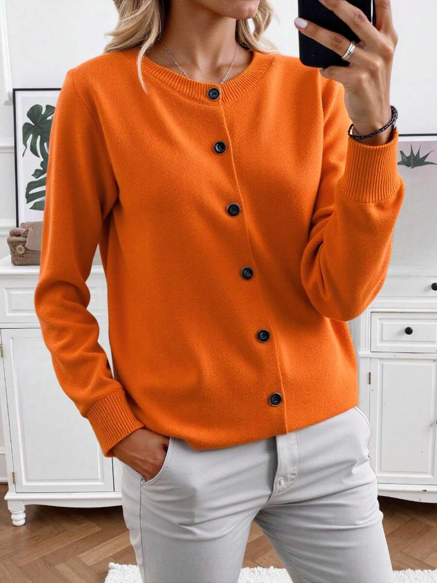 EMERY ROSE Solid Color Round Neck Front Button Casual Cardigan Fall Winter Cloth For Women - Orange - View 1