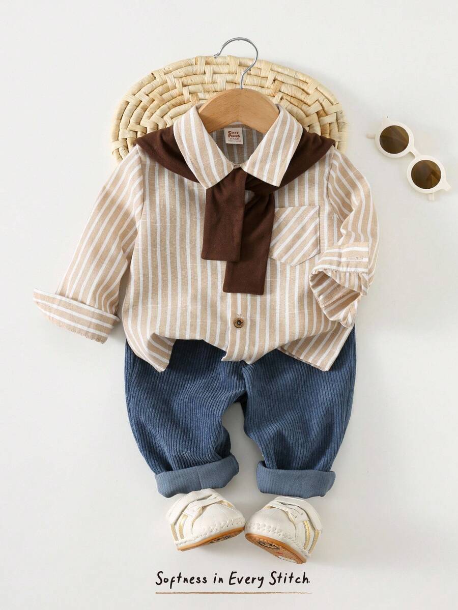 Cozy Pixies 2pcs Baby Boy Navy Style Contrast Color Shawl Collar Long Sleeve Shirt And Elastic Waist Faux Denim Pants Set, Gentleman Outfit For Holiday, Party, Casual, Outdoor, Lightweight Sports, Cute & Fashionable, Suitable For Multiple Occasions - Multicolor - View 1