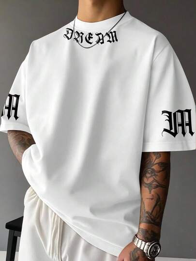 Manfinity EMRG Men's Letter Print Round Neck Casual Loose T-Shirt