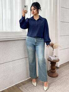 Modelyn Plus Size Casual Solid Color Puff Sleeve Shirt