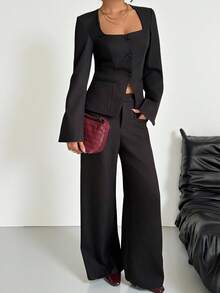 SHEIN EZwear NEW Autumn Clothes Old Money Women's Social Pant Women's Fashionable Black Woven Wide Leg Suit Pants With Pockets