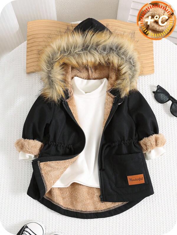 SHEIN Unisex Baby Cute Casual Black Fleece Hooded Jacket, Suitable For Baby Boys And Baby Girls, Autumn/Winter Baby Winter Coat Baby Boy Winter Coat Fall