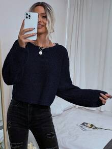 EMERY ROSE Suéter holgado de punto acanalado de hombros caídos de unicolor casual para mujer, suéter gris - Azul Marino - Ver 5