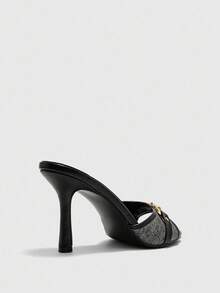 CUCCOO BIZCHIC Denim & PU Mixed Gold Bone Buckle Fashionable Mule Round Toe High Heel Sandals