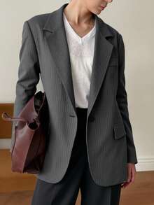 DAZY 女士商务休闲条纹翻领长袖西装外套秋冬 - 深灰色 - 查看 2