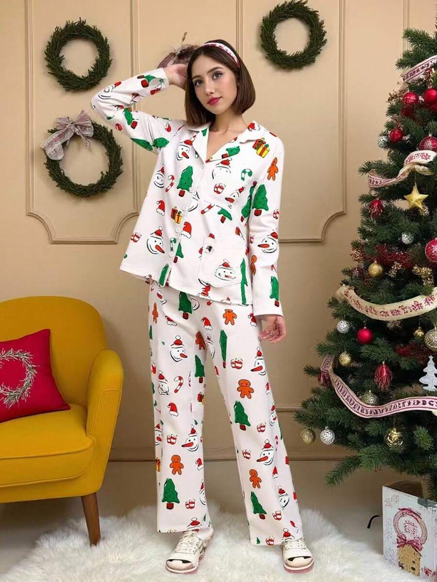 Teen Girl Christmas Tree & Gingerbread Man Print Long Sleeve Cardigan & Pants Pajama Set Fall Winter - Multicolor - View 1