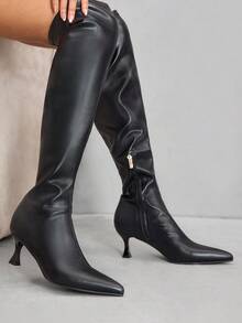 CUCCOO SZL 女士秋冬新款白色时尚超高过膝靴，百搭尖头小猫跟优雅简约弹力过膝靴 - 黑色 - 查看 7