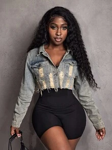 SHEIN PETITE Áo khoác denim ngắn tay rách một hàng khuy đơn dành cho nữ, mùa thu - Màu xanh lam - Xem 2