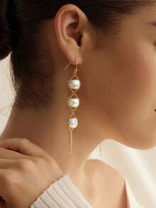 Opalesca 1 par de pendientes elegantes con cadena dorada y perla falsa, adecuados para uso diario - Amarillo Oro - Ver 1