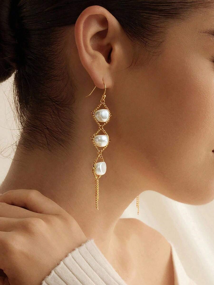Opalesca 1 par de pendientes elegantes con cadena dorada y perla falsa, adecuados para uso diario - Amarillo Oro - Ver 1