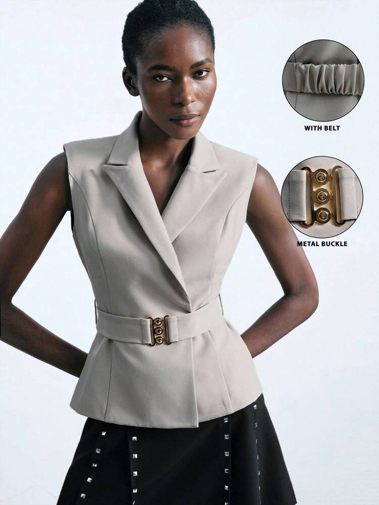 SHEIN Maija 2025 Metal Buckle Design Lapel Fitted Wide Shoulder Women Vest Sleeveless Blazer Women Vest Women Sleeveless S For Women In Fall/Winter