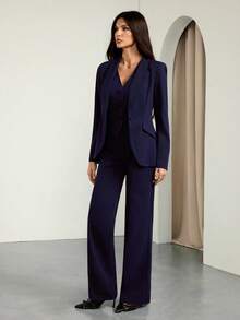 SHEIN Tall 3 件套：深蓝色长袖西装外套、背心和裤子，性感通勤和约会装，秋冬 - 藏蓝色 - 查看 8