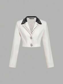 SHEIN MOD 2 pièces Ensemble blazer et mini-jupe femme avec col blocs de couleurs et décoration de strass, couleur abricot, pour l'automne/hiver - Nude - Voir 8