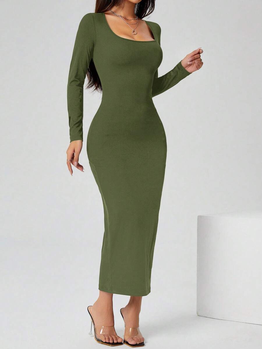 SHEIN PETITE 秋装纯色方领紧身黑色长袖连衣裙 - 軍綠色 - 查看 1