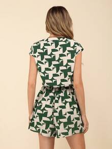 Coeurva Women's Vacation Casual Surplice Neck Elastic Waist Jumpsuit In Random Prints - Dark Green - View 5