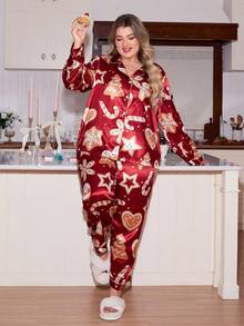 SweetSlumber Pijama de manga larga con cuello vuelto y estampado de árbol de Navidad de galletas, talla grande, ropa cómoda para otoño