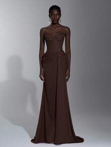 Elitara 优雅莲花粉色蕾丝拼接缎面紧身胸衣连衣裙，透明紧身胸衣，褶饰腰部和鱼尾下摆，适合度假、约会、生日派对、婚礼、毕业典礼、正式晚会