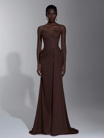 Elitara Elegant Lotus Pink Lace Patchwork Satin Bustier Dress With Sheer Bodice, Ruched Waist, And Fishtail Hem, Suitable For Vacation, Date, Birthday Party, Wedding, Graduation, Formal Gala