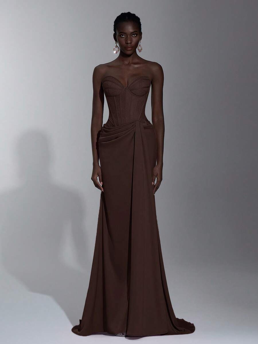 Elitara 优雅莲花粉色蕾丝拼接缎面紧身胸衣连衣裙，透明紧身胸衣，褶饰腰部和鱼尾下摆，适合度假、约会、生日派对、婚礼、毕业典礼、正式晚会