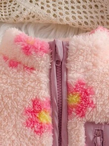 SHEIN Elladie kids Young Girl Casual Cute Stand Collar Zipper Faux Pocket Floral Pattern Furry Jacket, Autumn/Winter Fall Kids Winter Jacket Girls Autumn Winter Clothes Little Girl Jacket Elegant Fleece Jacket Coat For Girls Fleece Jacket For Girls - Pink - View 4