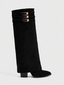 CUCCOO SZL Cuccoo 尖头过膝粗跟高筒靴，性感女式马靴 - 黑色 - 查看 3