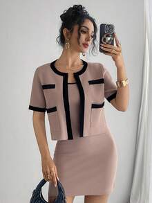 DAZY Women's Elegant Contrast Color Cardigan & Slip Dress 2 Pieces Knit Set, Autumn - Pink - View 1