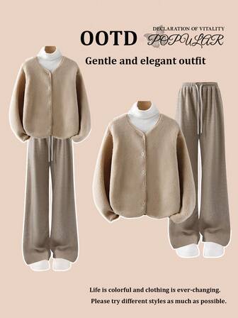 Franclia Women's Gentle Apricot Fuzzy V Neck Cardigan Top And Geometric Pattern Pants Two Piece Outfit Set Womens Cardigan Set Co Ords Sets Women Casual Set Lounge Wear Comfy Set