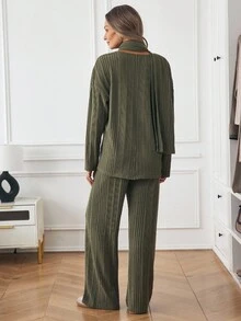 Louniche Women's Casual Minimalist Textured Fabric Straight Loose Top And Straight Leg Pants Two Pieces Set, Autumn/Winter - Army Green - View 2