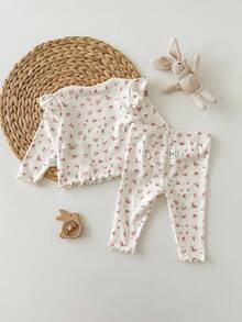 Conjunto de top de manga larga y pantalones de punto con estampado floral lindo y casual para bebé niña recién nacida - Beis - Ver 2