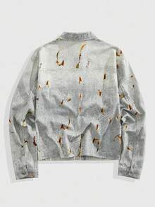 ROMWE MEN Grunge Punk 男士休闲牛仔夹克，拉链开合，图案印花，秋季 - 藍色 - 查看 8