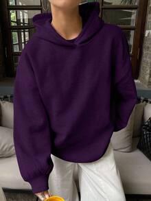 Livesso Hooded Casual Thermal Lined Solid Color Loose Fit Sweatshirt,Fall Clothes,Back To School Clothes - Purple - View 4