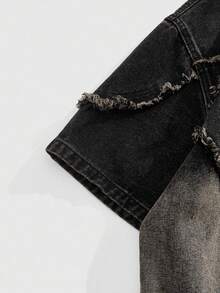 ROMWE MEN Grunge Punk 男式磨边单排扣休闲渐变色牛仔短袖衬衫 - 酒紅色 - 查看 11