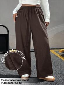 SHEIN EZwear 大码女式纯色抽绳腰阔腿宽松休闲裤，秋冬 - 咖啡棕 - 查看 1