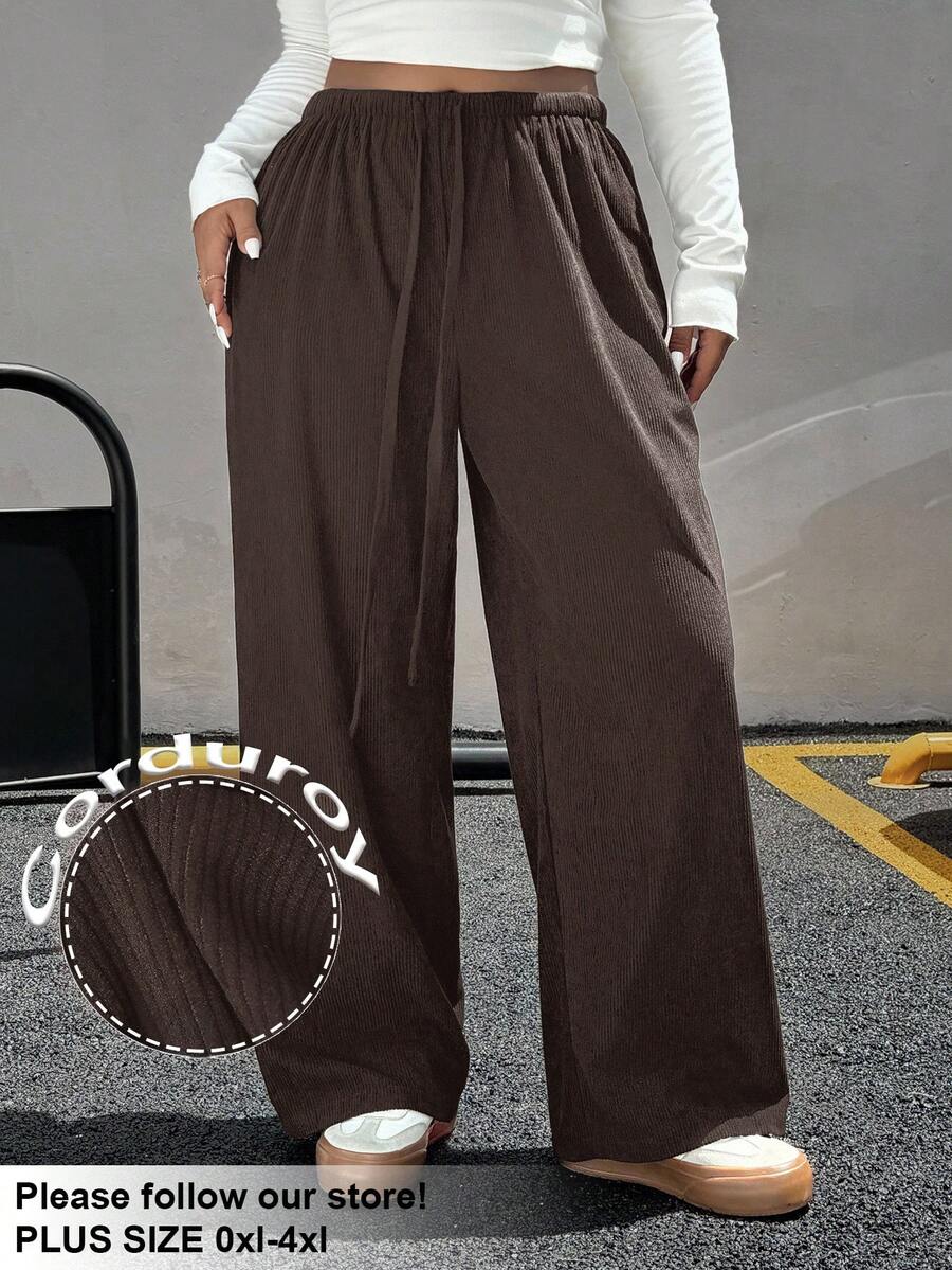 SHEIN EZwear 大码女式纯色抽绳腰阔腿宽松休闲裤,秋冬 - 咖啡棕 - 查看 1
