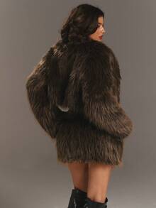 Aloruh Young Lady's Cropped Faux Fur Collar Long Flare Sleeve Jacket - Brown - View 3