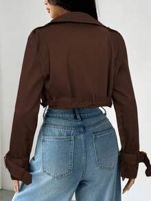 SHEIN EZwear 女式巧克力棕色翻领纽扣前长袖短款风衣，秋季 - 巧克力棕 - 查看 2