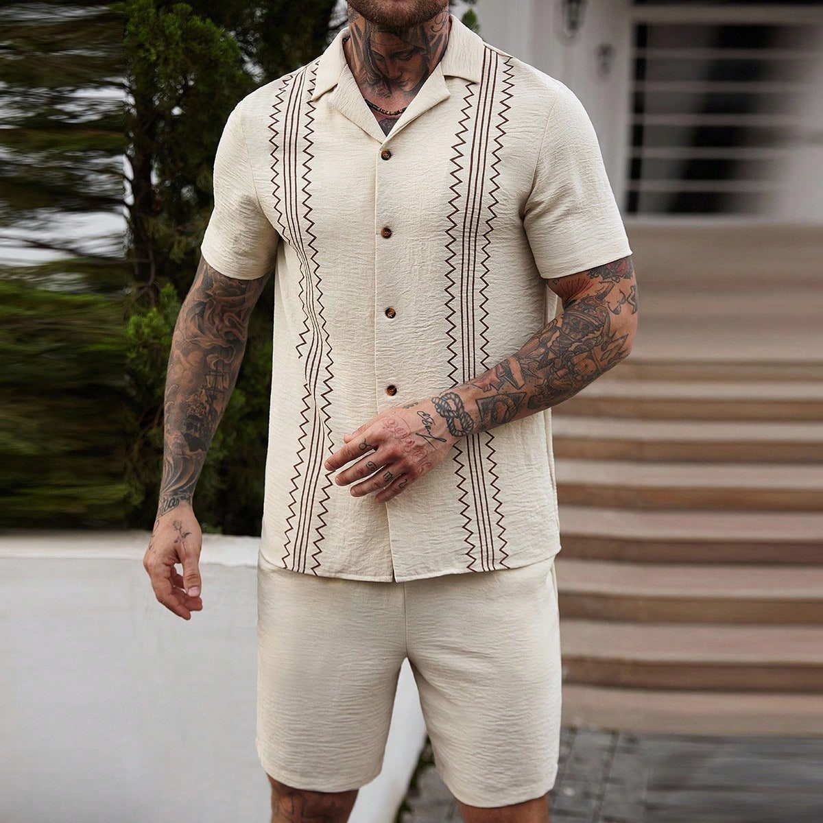 Conjunto de camisa de manga corta con estampado de verano + pantalones cortos con cordón para hombre