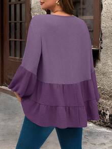 EMERY ROSE Plus Size Casual Winter Women Colorblock Lantern Sleeve Shirt - Purple - View 2
