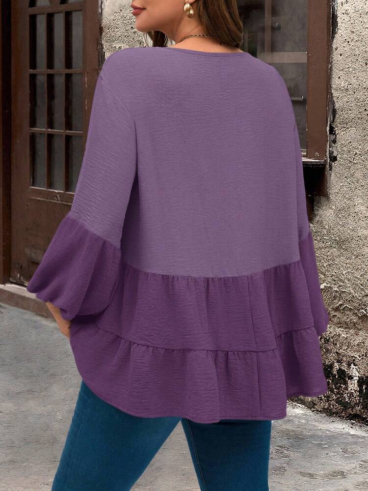Plus Size Casual Winter Women Colorblock Lantern Sleeve Shirt